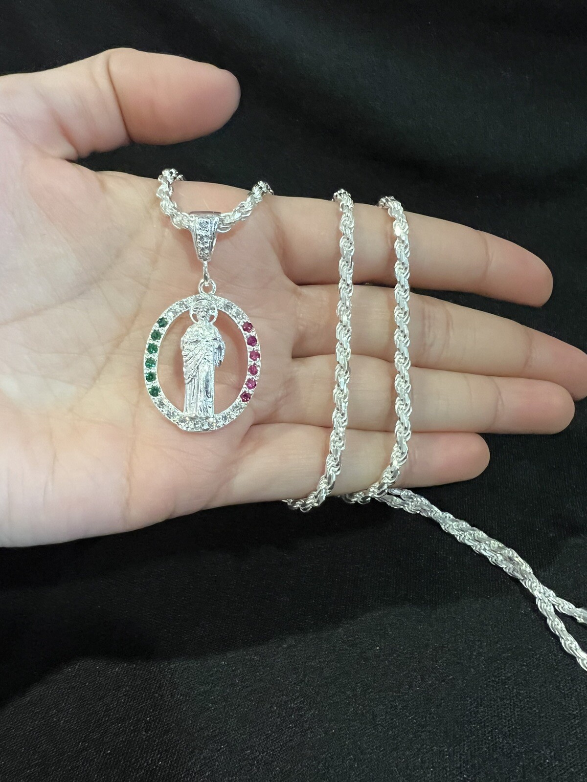 925 Sterling Silver Men's St Jude San Judas CZ Pendant & Rope Chain 22