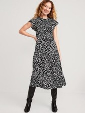 New Fit  Flare Flutter-Sleeve Tiered Smocked Midi Dress for Women size M