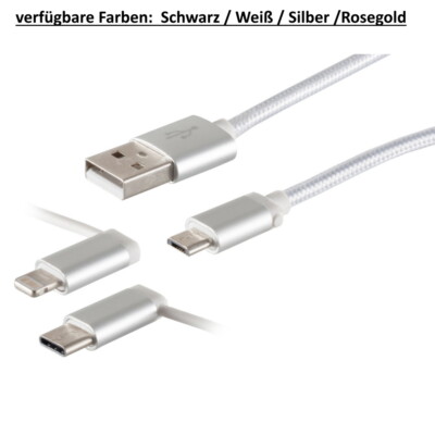 USB Ladekabel 3in1 USB-A zu 8 Pin USB-C Micro USB-B Stecker 480Mbit/s div Farben