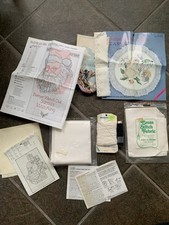 Vintage Cross Stitch Kit Lot Fabric Thread Patterns Santa Bunny Lace Stamped