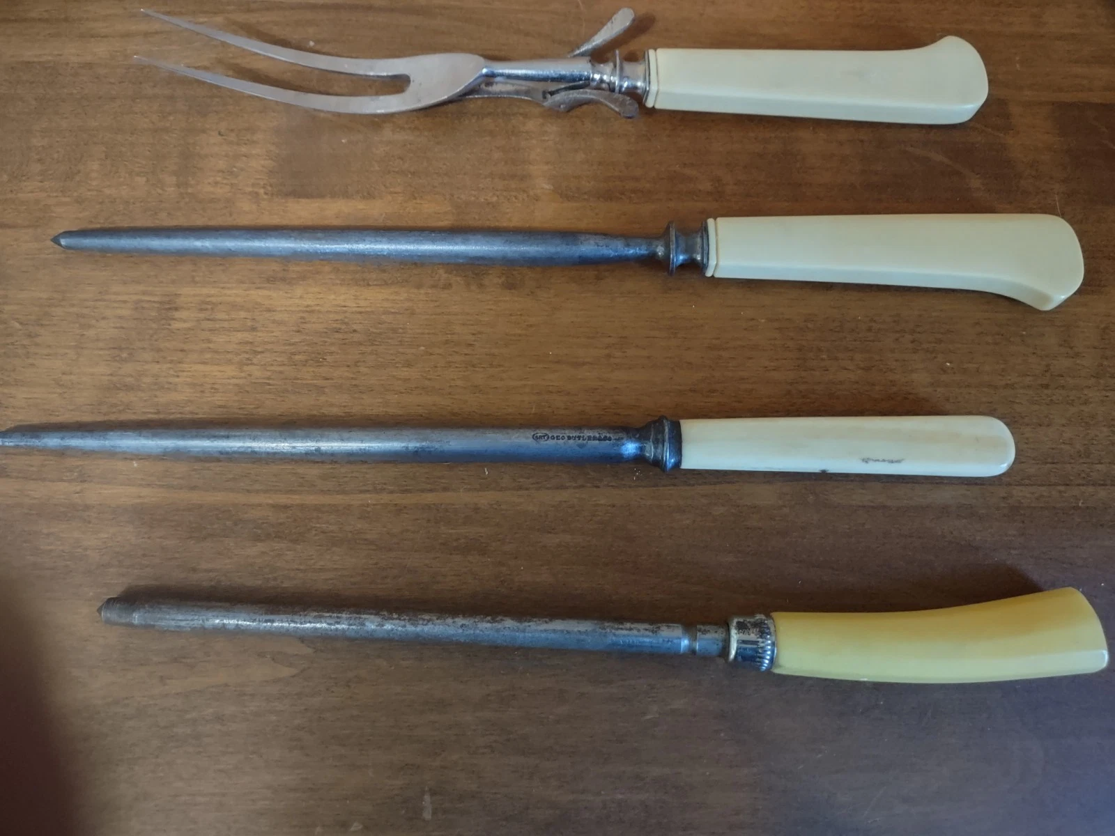Set Of Three Vintage Honing Rods And Serving Fork