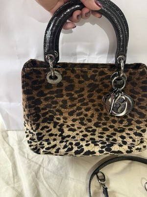 Dior Leopard Print Satchel Top Handle Zip Bag w/ Logo Accents Detachable Strap
