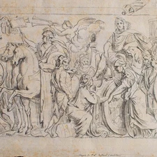 Triumphal procession ancient Roman emperor unsigned unique pencil drawing 19th century