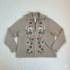 VTG Tiara International Cardigan sweater Large Tan Floral Embroidery Grandmacore