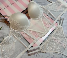 Victoria's Secret Shine Strap Push Up Bra Longline Corset Brazilian Set White