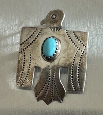 Vintage Navajo Tom Taylor Sterling Silver Thunderbird Turquoise Pendant Brooch