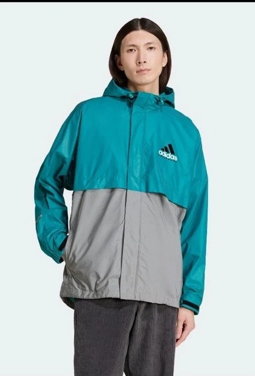 adidas Equipment Mens Size Medium Zip Front Green Gray Hooded Windbreaker