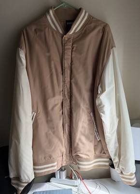 CSG Men's Varsity Jacket XL Beige & White Snap Closure Striped Ribbing