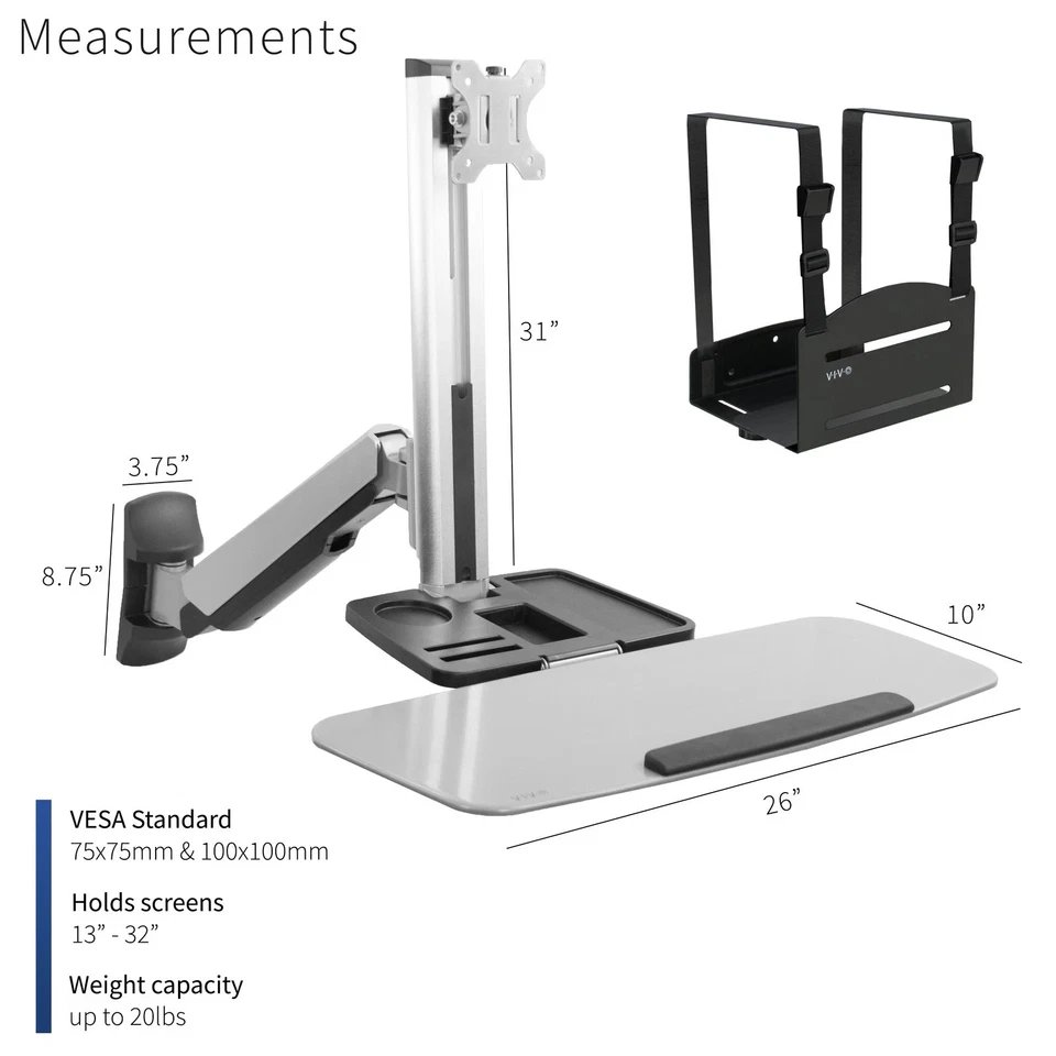 Single Monitor & Keyboard Sit-Stand Wall Mount | Standing Transition Workstation - Image 2 of 4