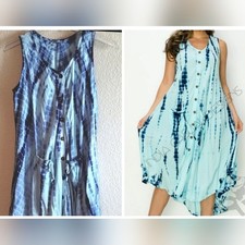 Bohemian Ruffle Pocketed Drapey Blue Tonal Tie-Dye Midi Dress "FREE SIZE"
