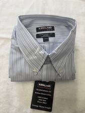 KIRKLAND SIGNATURE MEN'S SPREAD COLLAR STRIPE SHIRT BLUE/WHITE 17-32/33 NWT