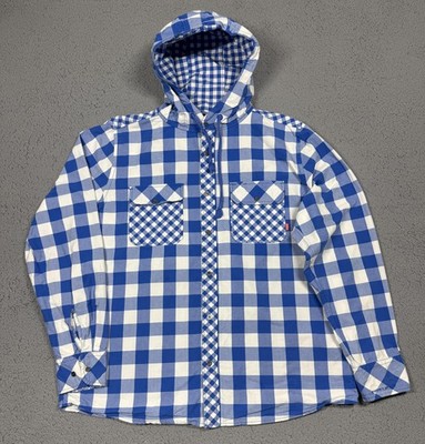 Engelbert Strauss Hooded Shirt Mens XL Blue White Check Long Sleeve Button Up