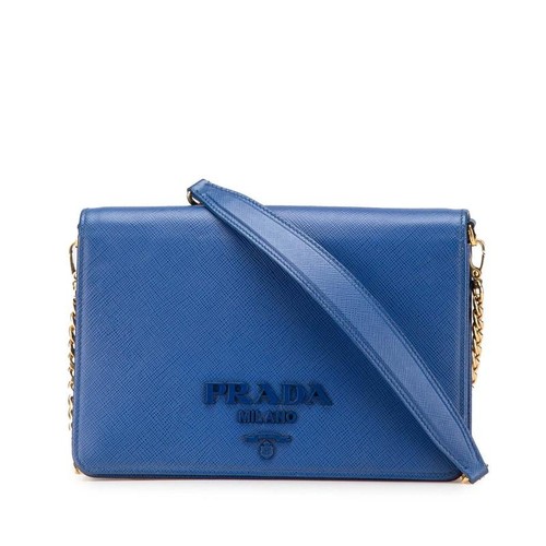 Prada Blue Saffiano Leather Chain Shoulder Wallet Bag 1BP012 Auth