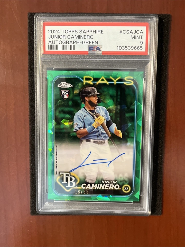 Junior Caminero 2024 Topps Chrome Sapphire Auto Green /99 RC Rookie PSA 9 - Image 2 of 3
