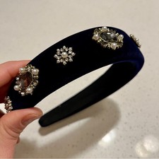 Elegant very dark navy Blue Embellished velvet Headband