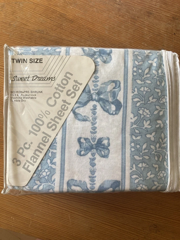 Juego de sábanas Sweet Dreams 3 piezas 100 % algodón tamaño doble azul blanco lazo vintage Foto 3 de 4