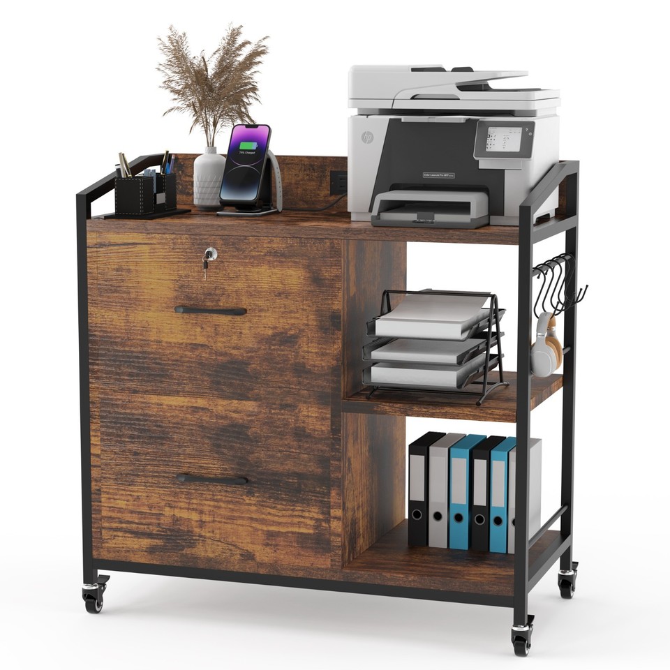 Rolling Printer Stand with Power Outlet, Locked File Drawer | eBay