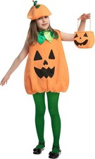 Pumpkin Costume Kids Child Girls Pumpkin Dress with Hat, Basket for Halloween