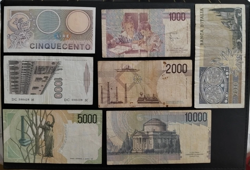 Lot of 7 Vintage Italian Lire Banknotes – 500 to 10000 Lire – Banca d’Italia - Image 2 of 2
