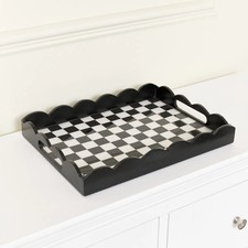 Rectangle Black Monochrome Checked Tray Scalloped Edge Decorative Tray Home