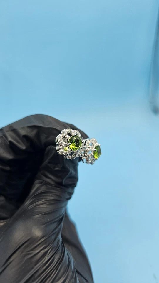 Round Cut Lab Created Peridot Stud Earrings 14K White Gold Plated Halo Studs - Image 4 of 4