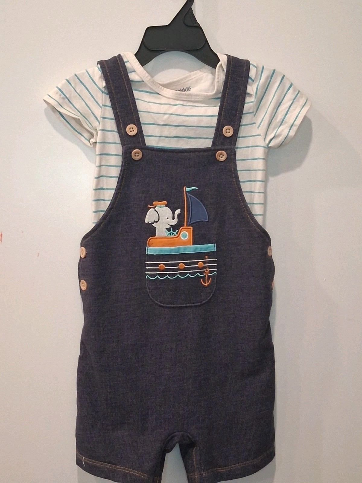 Okie Dokie Nautical Elephant Striped Shirt & Denim Overalls Set Blue White