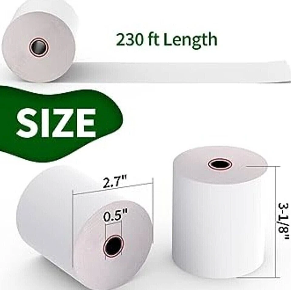 3-1/8" X 230' TERMAL POS IMPRESORA DE RECIBOS ROLLO DE PAPEL LIBRE DE BPA - 50 ROLLOS - 48 GSM Foto 3 de 4