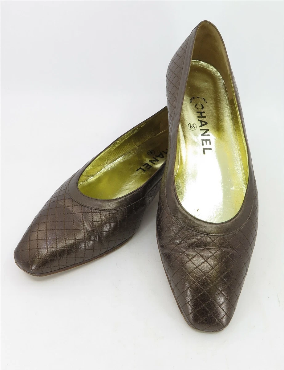 Vintage Chanel Stitched Brown Leather Ballerina Flats High Street Women's  38.5