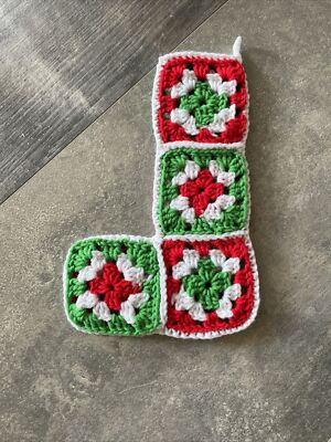 Vtg Christmas Stocking Crochet Granny Square Handmade Red Green White