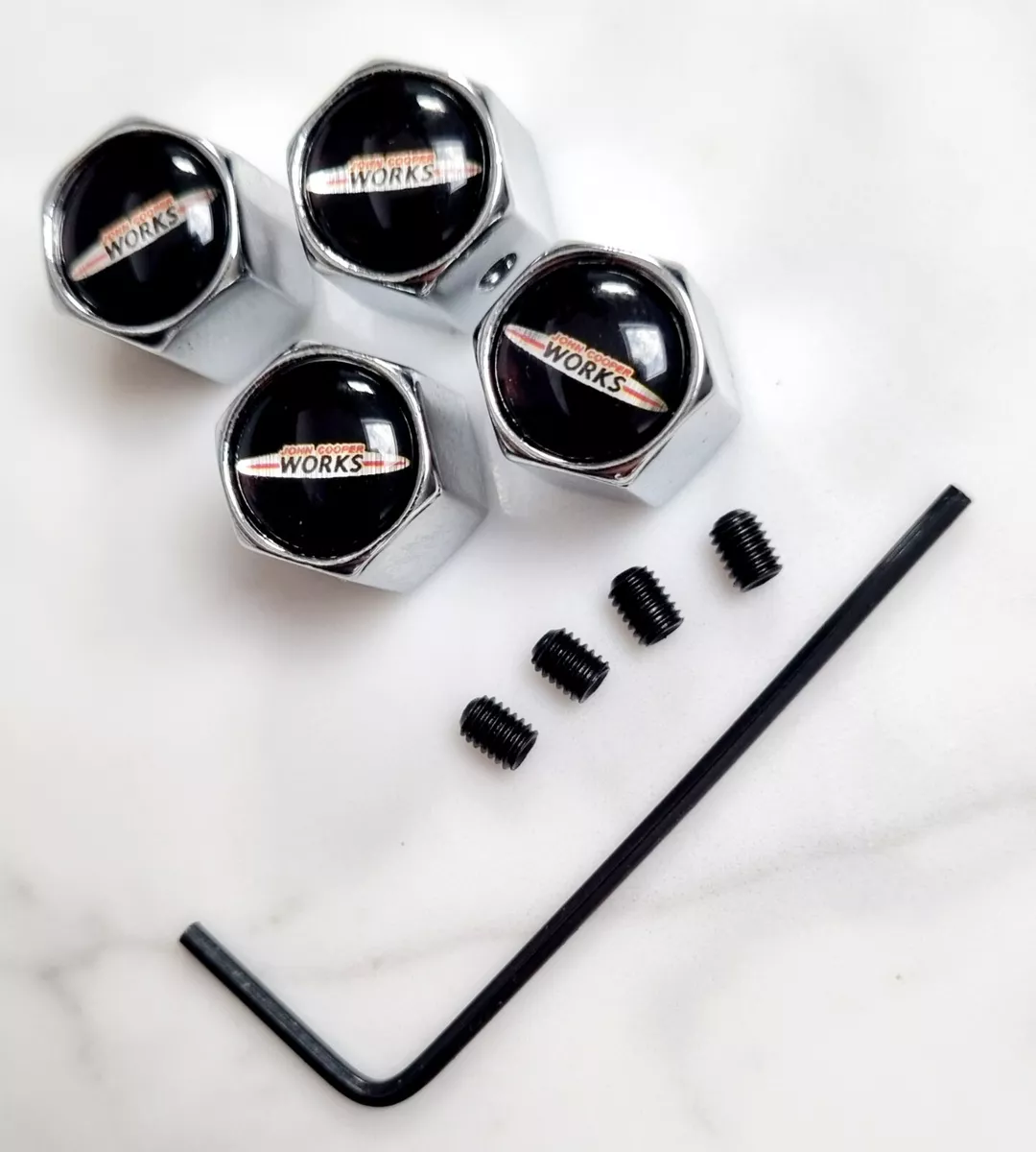 JCW Valve Dust Caps Anti Theft Chrome John Cooper Works Mini R53 R56 F56