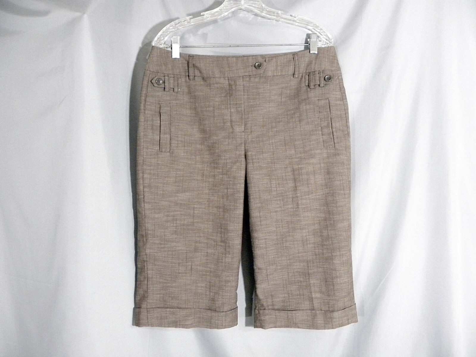 Dressbarn Capri Pants Women's 12 Heather Brown Flat Front Cuffed Shorts