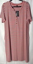 Fisoul Red White Stripe Sleep Gown Upper Buttons Short Sleeve Long Pajama NWT