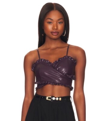 Majorelle Issa Faux Leather Ruffle Crop Top In Deep Plum SZ S NWT