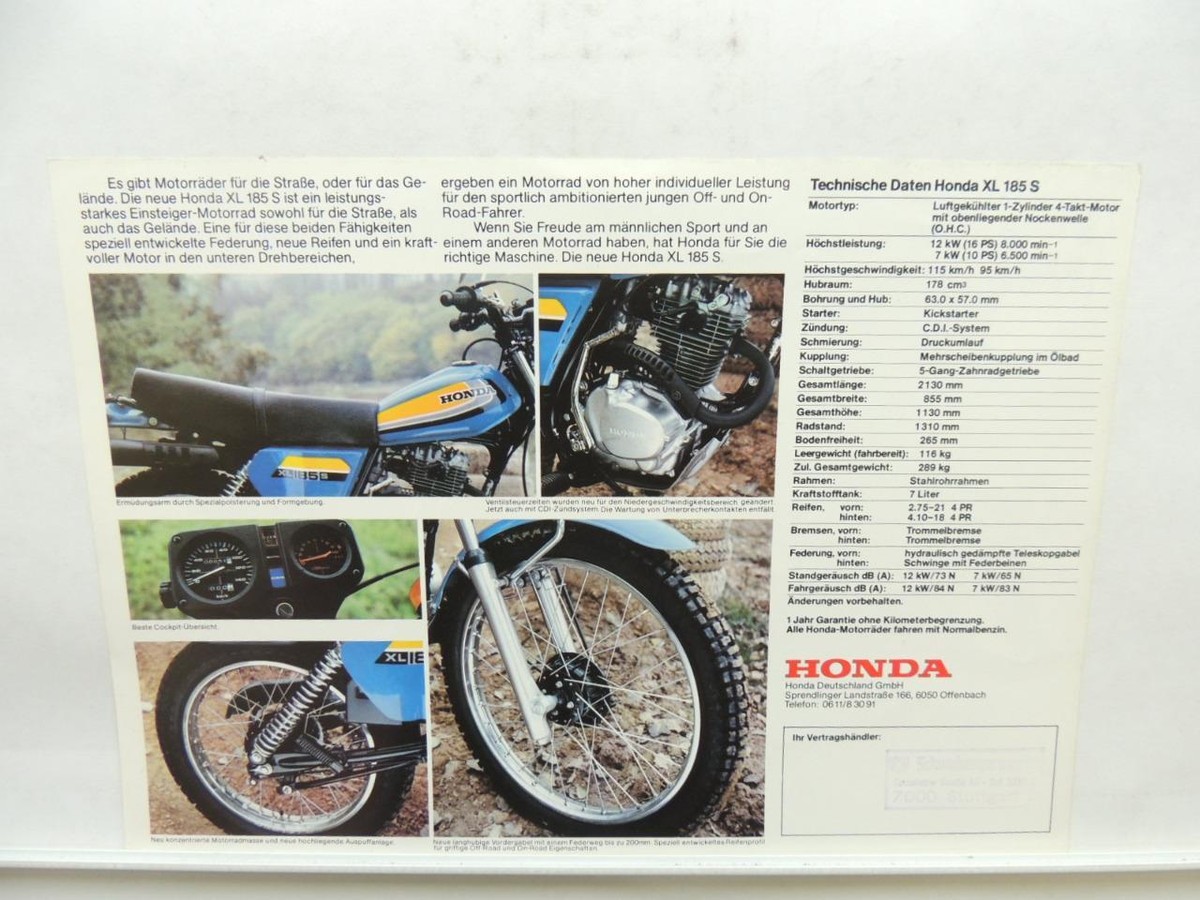German Honda XL185S Brochure Motorcycle Specifications L10782 | eBay