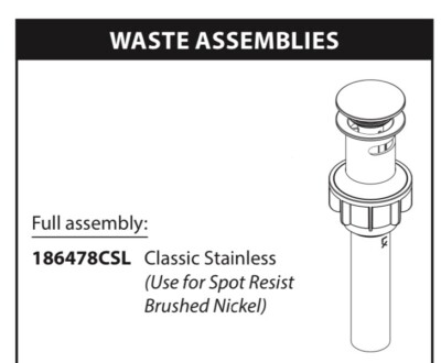 Moen 186479CSL Push Down Drain Service Kit Classic Stainless Or Brushed Nickel