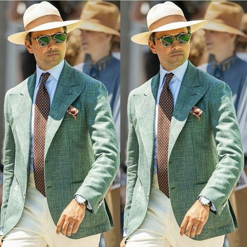 Green Linen Men Jacket Casual Business Peak Lapel Wedding Summer Groom