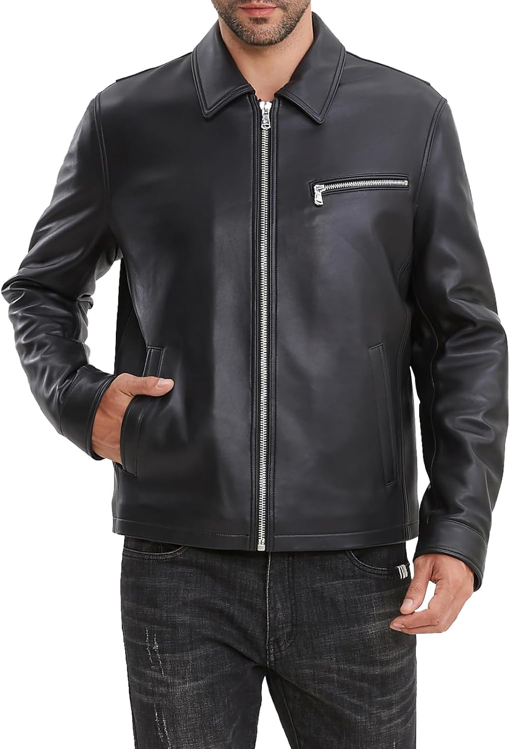 Men's Lambskin Leather Jacket with Full Zip Front, Casual Tailored Design-image