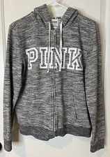 PINK by Victoria's Secret Full Zip Hoodie Large Variegated Grey Spell out