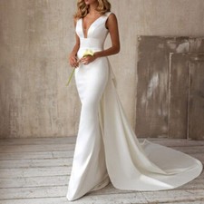 Elegant Satin Mermaid Wedding Dresses Deep V Neck Bridal Gown Sweep Train