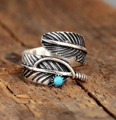 Vintage Style Boho Feather Turquoise Adjustable Open Wrap Ring