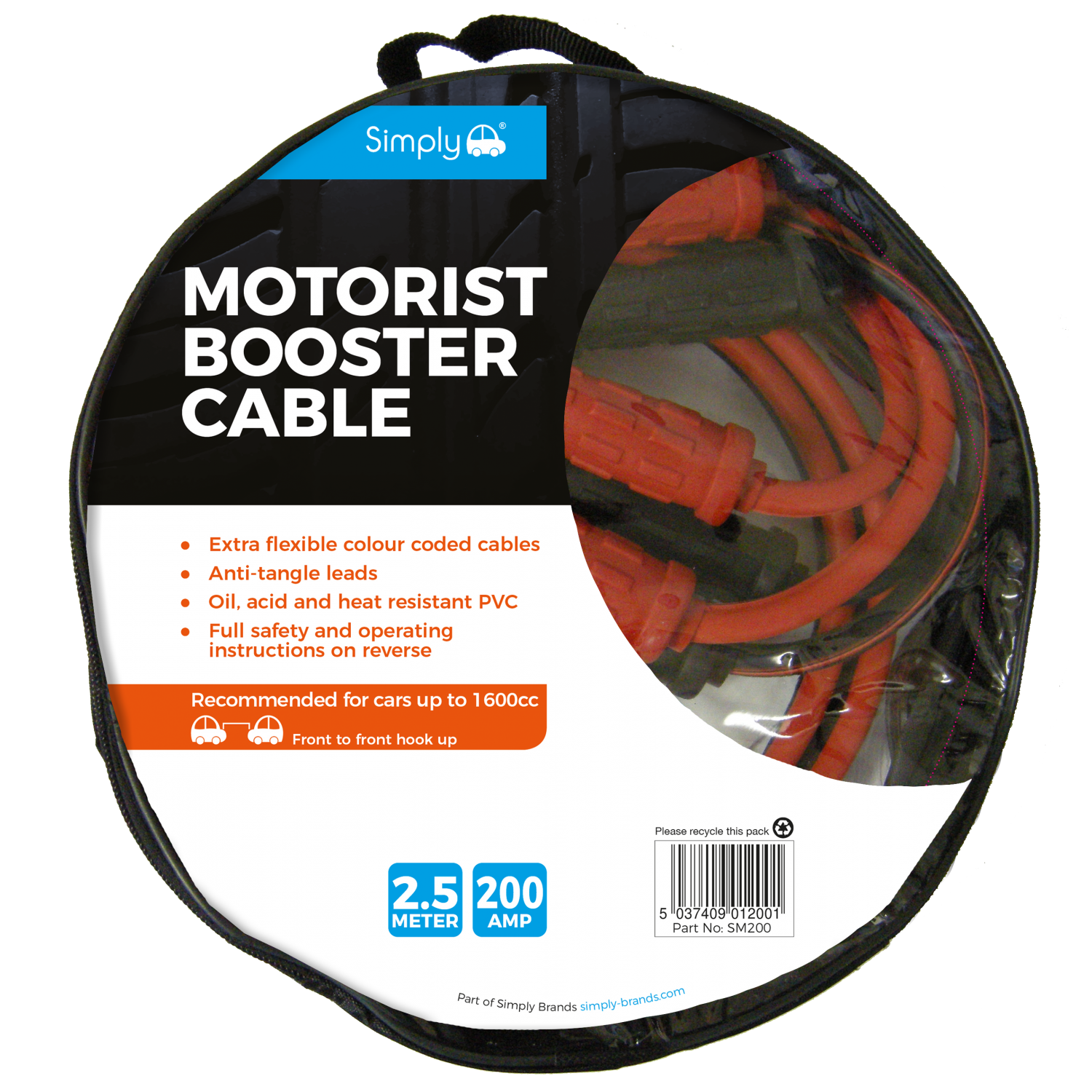 Simply Motorist Booster Cable 200A 2.5m Jump Lead Bike Start Emergency Breakdown