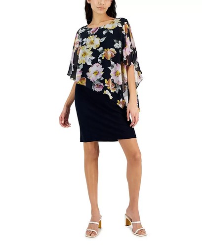 Connected Plus Size Floral Cape-Sleeve Dress Women's 24W Navy Multi Pullover - 第 1/15 張圖片