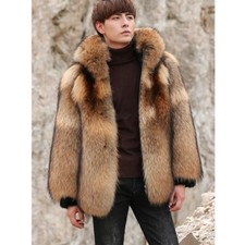 Luxury Men Natural Raccoon Fur Coat Hooded Overcoat Winter Real Thick Fur Jacket