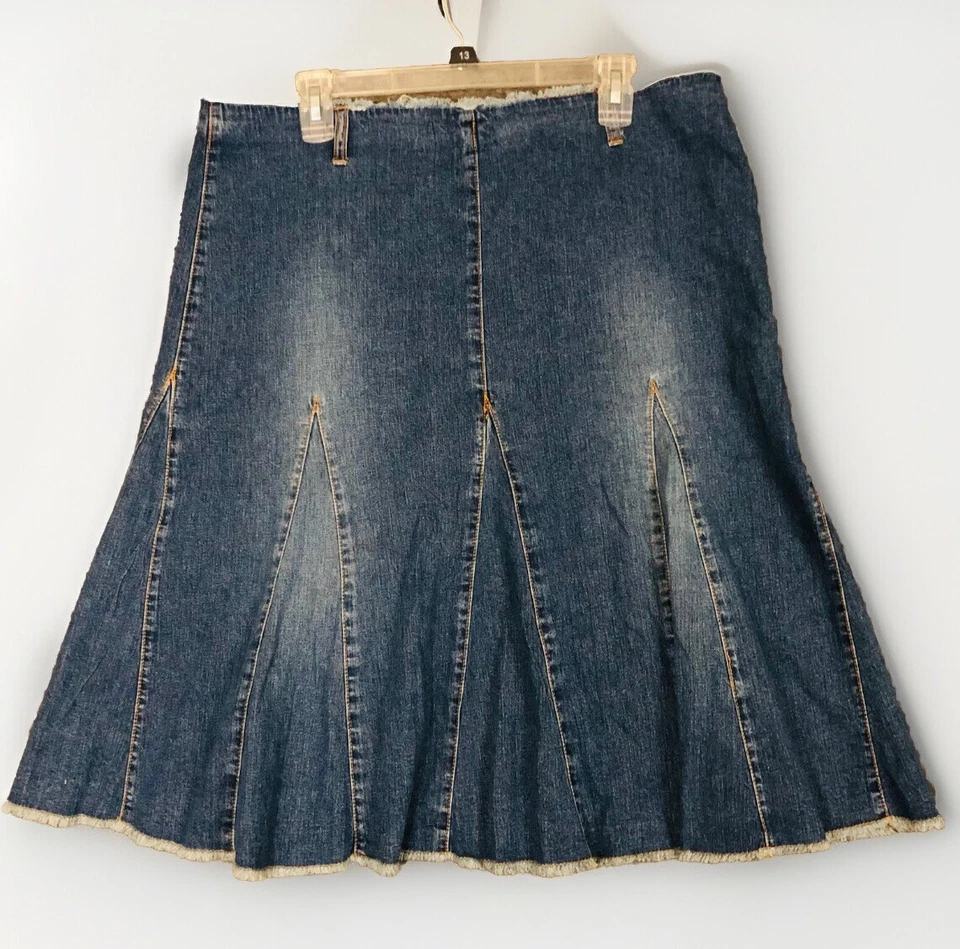 Falda vaquera Y2K Old azul marino para mujer 14 acampanada tiro alto midi flecos occidentales Foto 2 de 4