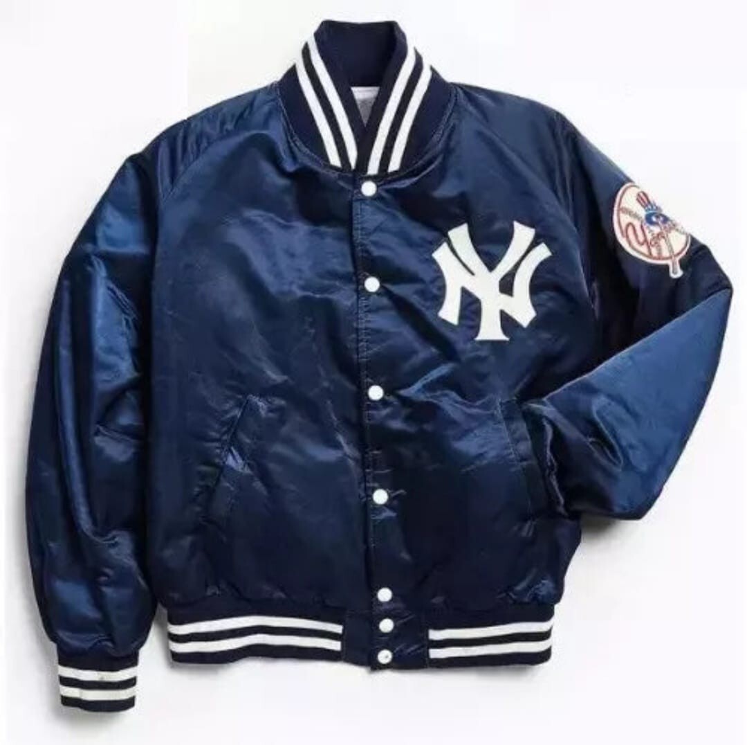 90's New York Yankees ジャケット NY Yankees 90s Blue and White Satin Bomber Varsity Jacket