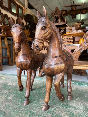 1 Pair 18" Horse Wooden Hand Carved Statue Sculpture Figurine Collectible DHL - 第 9/11 張圖片