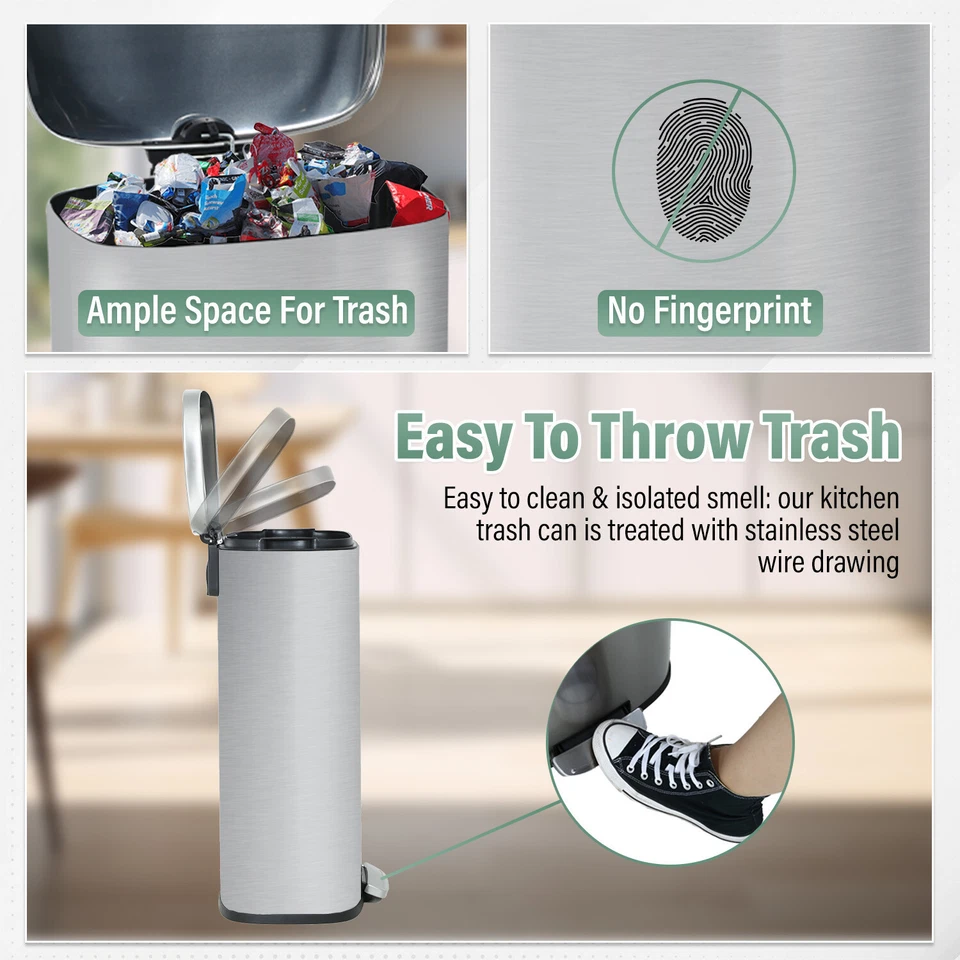 Kitchen Trash Can with Lid Step Trash Bin Fingerprint-Proof for Office Bedroom - Image 3 of 4