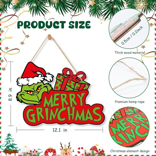 AU 2025 Christmas Decor Hanging Wooden Door Sign Grinc Holiday Decor Merry Xmas - Picture 5 of 15