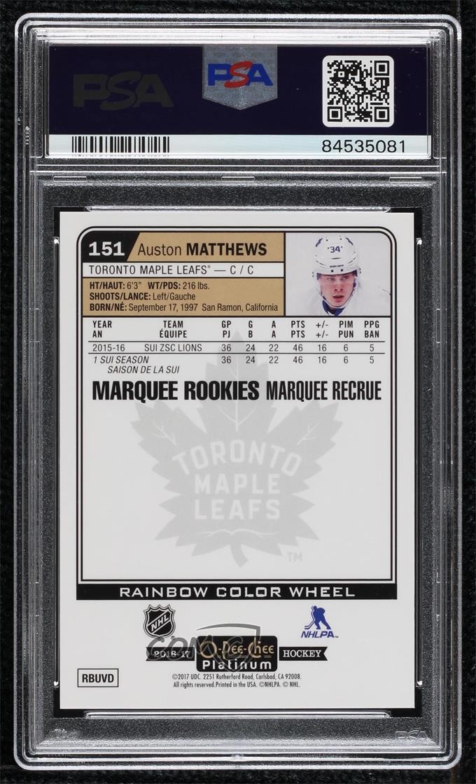 2016-17 O-Pee-Chee Platinum Rainbow Color Wheel Auston Matthews PSA 10 Rookie RC view 2