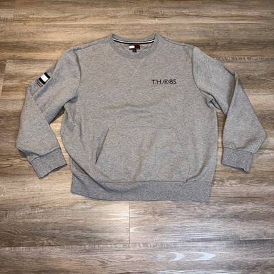 Tommy Hilfiger Sweatshirt Mens Large Gray Pullover Kangaroo Pocket T.H. 85 Logo